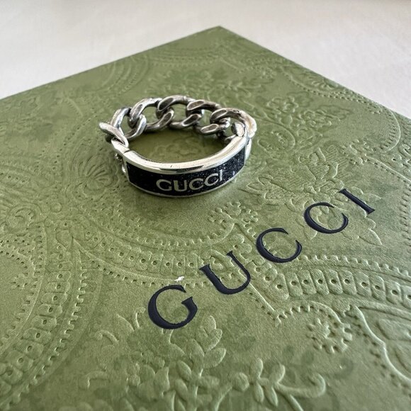 New Gucci Logo Chain Ring Silver Black Enamel Sz 12 IT 6 US - Picture 4 of 10